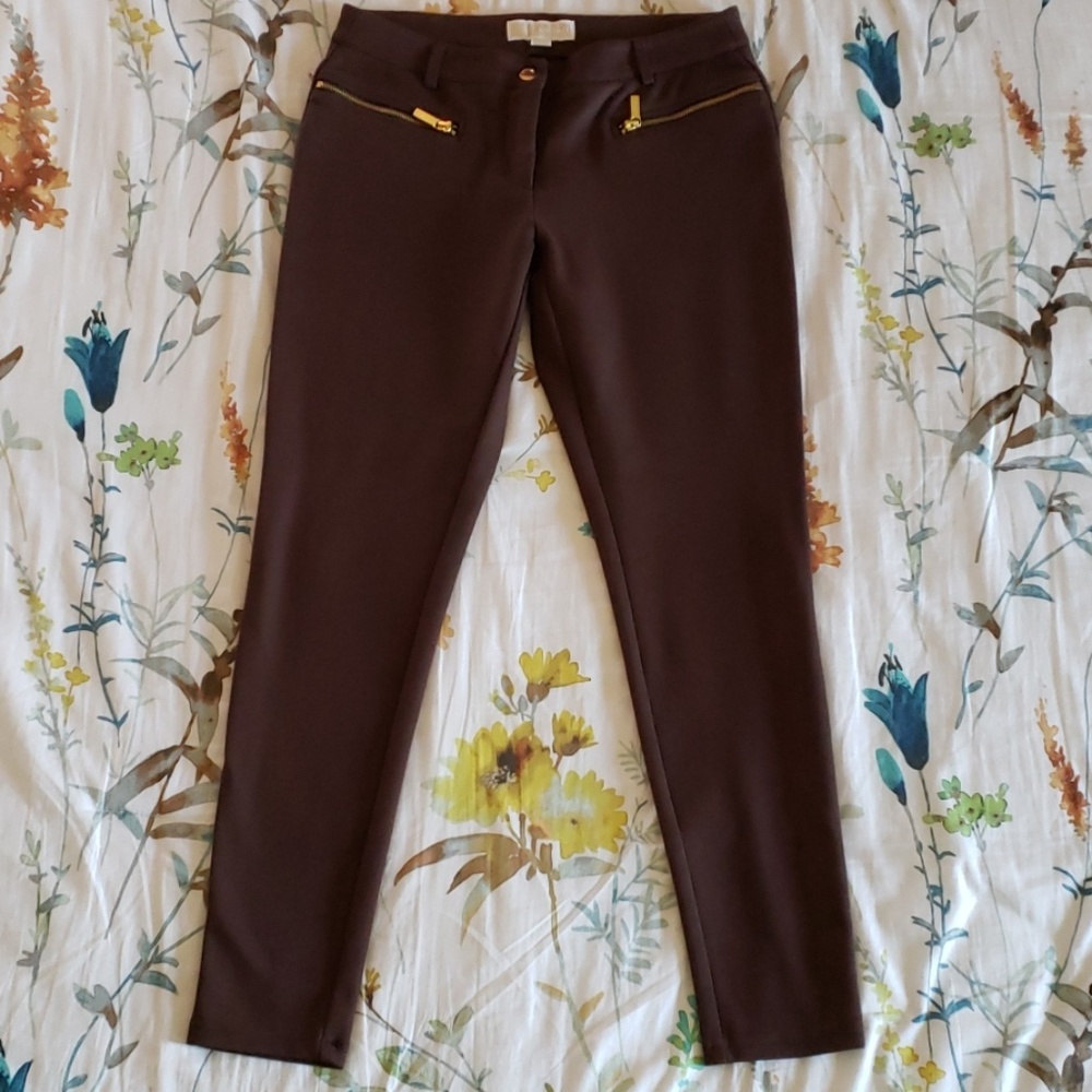 Michael Kors Brown Stretch Pants with Gold Zippers